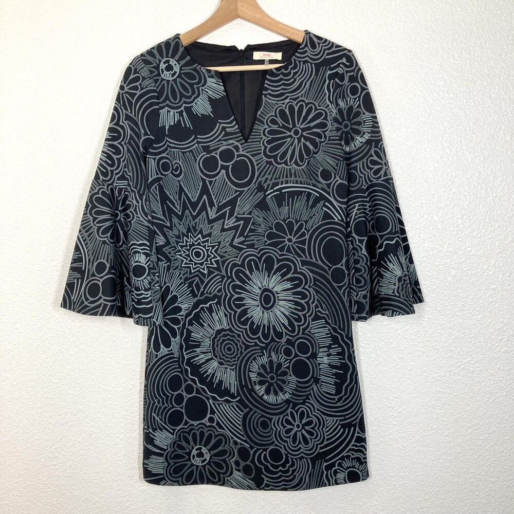 Trina Turk Dress Womens XS Black Gray Floral Bell Sleeve Boho